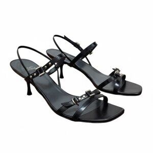 Stuart Weitzman Black Strappy Sandals Size 11M Leather Square Toe Heel Buckle